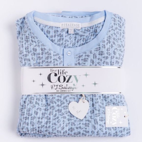 P.J. Salvage Live Life Cozy Thermal Ski Jammie Pajamas Set Ice Blue Size Small - Picture 3 of 4